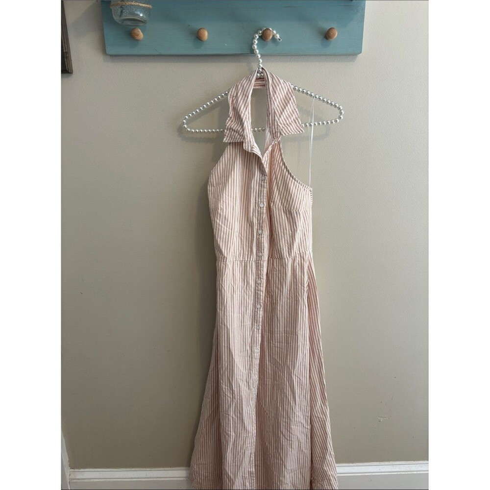 Crown & Ivy Halter Dress Medium M Striped Button Front Cotton Midi Sundress Cut